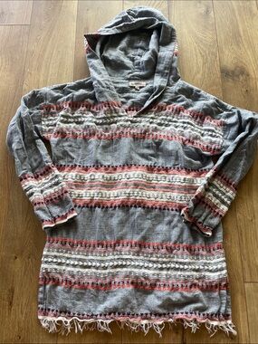Lemlem Gray Knit Hooded Pullover with Pink Logo Detail